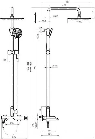 Душевая система Rubineta Olo BK + Ultra-10 SW DV3/4 BK 625123