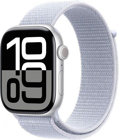 Умные часы Apple Watch Series 10 46 мм (алюминиевый корпус, серебристый/голубой, нейлоновый ремешок)