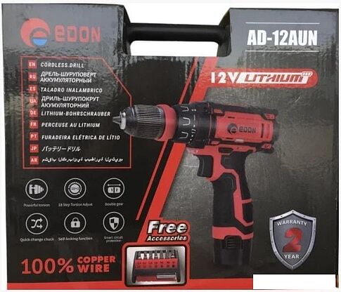 Дрель-шуруповерт Edon AD-12AUN (с 2-мя АКБ, кейс)