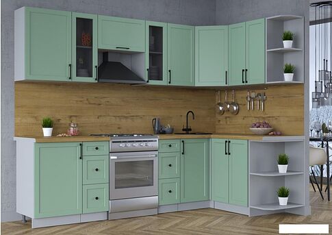 Готовая кухня Интерлиния Тренд 1.5x2.7 правая (мята/мята/дуб бунратти)