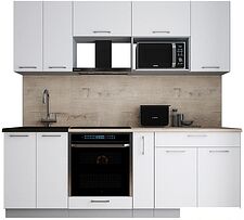 Готовая кухня Интерлиния Мила Gloss 2.2 (белый софт/белый софт/травертин серый)