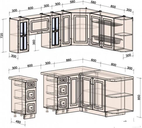 Готовая кухня Интерлиния Мила Шато 1.7x2.1 правая (луна/луна/бискайская сосна)
