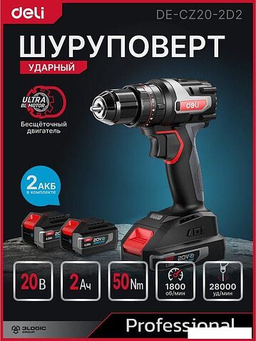 Ударная дрель-шуруповерт Deli DE-CZ20-2D2 (с 2-мя АКБ, сумка)
