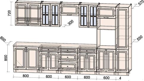 Готовая кухня Интерлиния Мила Шато 3.6В (мята/мята/дуб бунратти)