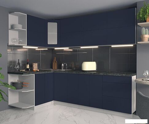 Готовая кухня Интерлиния Мила Матте 1.5x2.5 А левая (индиго/индиго глянец/кастилло темный)