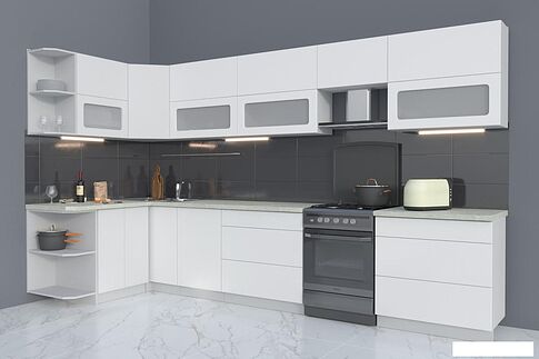 Угловая кухня Интерлиния Мила Матте 1.5x3.6 Б левая (белый/белый/опал светлый)