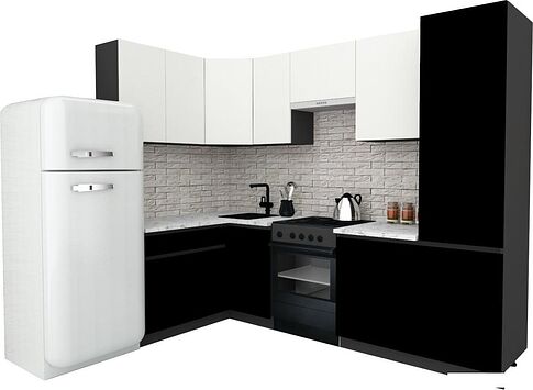 Готовая кухня ВерсоМебель Эко-7 1.4x2.6 левая (белый фасадный/черный/ст.мрамор итальянский)