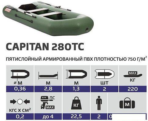 Моторно-гребная лодка Тонар Капитан 280Тс (зеленый)