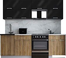 Готовая кухня Интерлиния Мила Gloss 60-23 (черный глянец/дуб вотан/травертин серый)