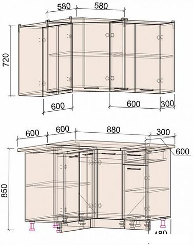 Готовая кухня Интерлиния Мила Лайт 1.2x1.2 (бетон-бетон-кастилло темный)