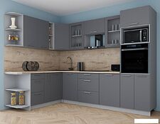 Готовая кухня Интерлиния Мила Gloss 1.88x2.8 левая (серый софт/серый софт/травертин серый)