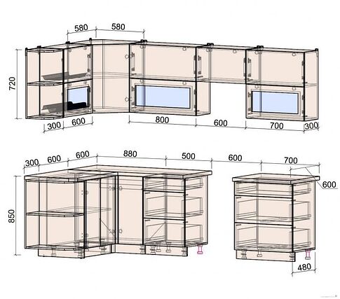 Угловая кухня Интерлиния Мила Матте 1.5x2.7 Б левая (луна/луна/травертин серый)
