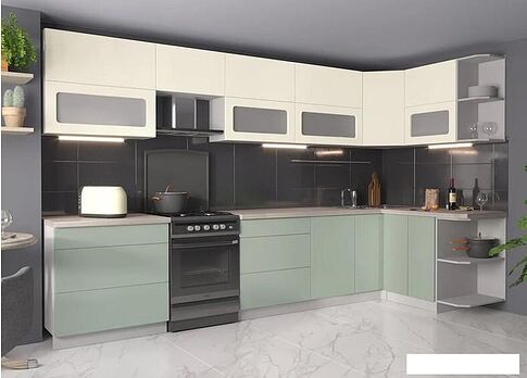 Готовая кухня Интерлиния Мила Матте 1.5x3.5 Б правая (слоновая кость/мята/травертин серый)