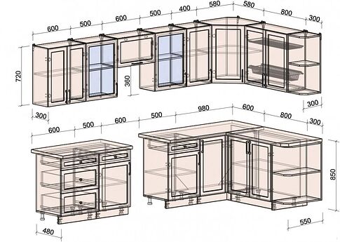 Готовая кухня Интерлиния Тренд 1.7x3.2 правая (луна/луна/бискайская сосна)
