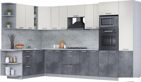 Готовая кухня Интерлиния Мила Лайт 1.88x3.4 левая (персидский жемчуг/бетон портленд/серый каспий)