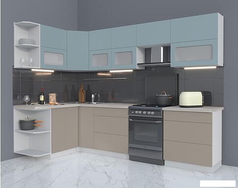 Готовая кухня Интерлиния Мила Матте 1.5x2.9 Б левая (океан/луна/травертин серый)