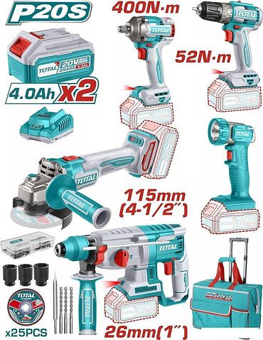 Total TCKLI2058 (шуруповерт, гайковерт, перформатор, болгарка, фонарь, 2 АКБ, сумка)