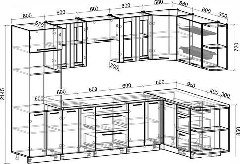 Готовая кухня Интерлиния Мила Пластик 1.68x3.0 PR (туманный глянец/черный глянец/дуб бунратти)