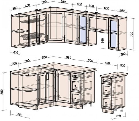 Готовая кухня Интерлиния Тренд 1.5x2.2 левая (океан/океан/дуб бунратти)