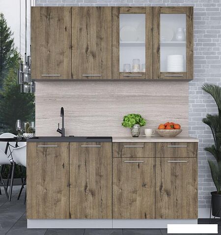 Готовая кухня Интерлиния Мила 16 (дуб веллингтон/дуб веллингтон/травертин серый)