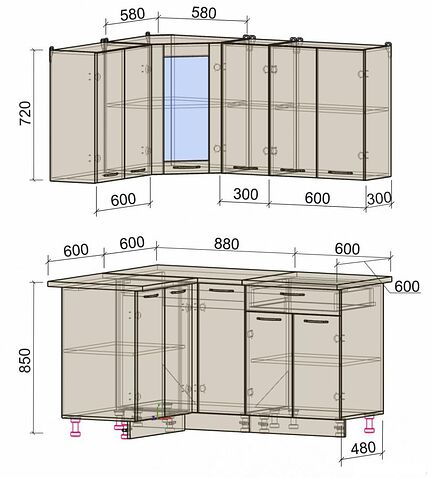 Готовая кухня Интерлиния Мила 12x15 (бетон лайт-антрацит-опал светлый)