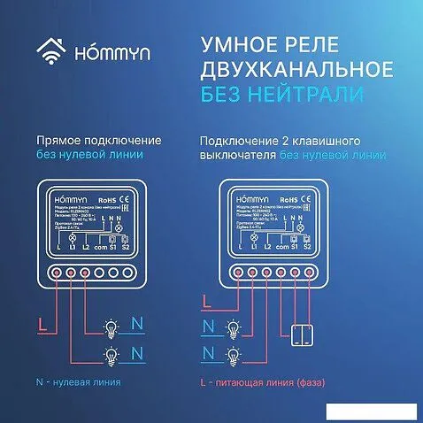 Реле Hommyn zigbee 2 канала RLZBNN02 (без нейтрали)