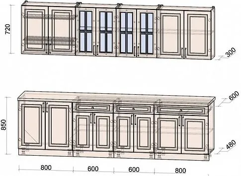Готовая кухня Интерлиния Мила Шато 2.8А (пепел/пепел/опал светлый)