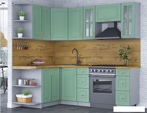 Готовая кухня Интерлиния Мила Шато 1.5x2.2 левая (мята/мята/дуб бунратти)