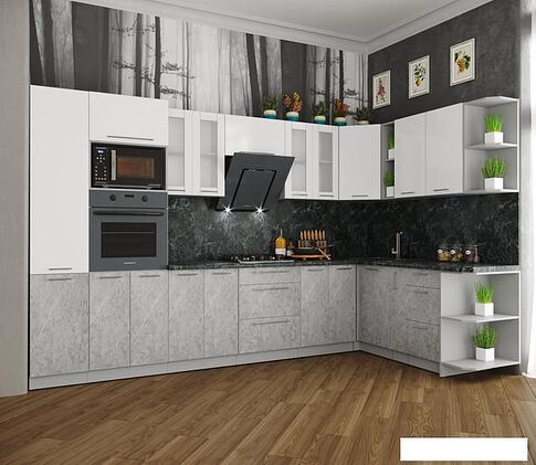 Готовая кухня Интерлиния Мила Пластик 1.88x3.4 правая (мрамор/белый глянец/кастилло темный)