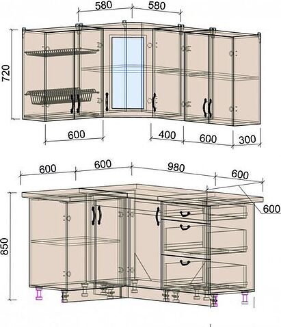 Готовая кухня Интерлиния Мила Крафт 1.2x1.6 (дуб серый/дуб серый/травертин серый)
