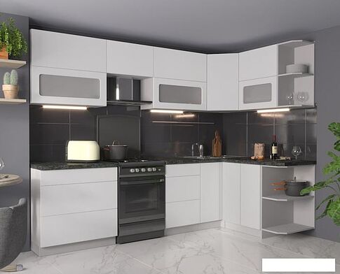 Готовая кухня Интерлиния Мила Матте 1.5x2.8 Б правая (белый-белый-кастилло темный)