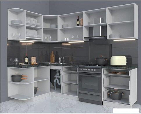 Готовая кухня Интерлиния Мила Матте 1.5x2.6 Б правая (белый-белый-кастилло темный)