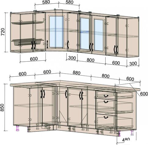 Готовая кухня Интерлиния Мила Крафт 1.2x2.3 (дуб полярный)