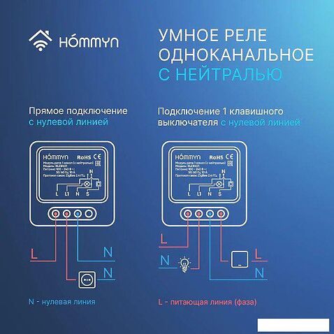 Реле Hommyn zigbee 1 канал RLZBN01 (с нейтралью)