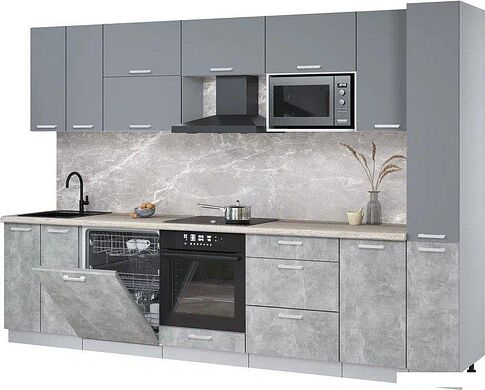 Готовая кухня Интерлиния Мила Лайт 3.1-ПМ2 (серебро/бетон/травертин серый)