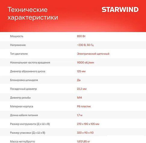 Угловая шлифмашина StarWind AG125-850