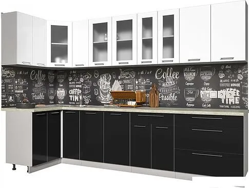 Готовая кухня Интерлиния Мила Пластик 1.2x3.1 (черный глянец/белый глянец/опал светлый)