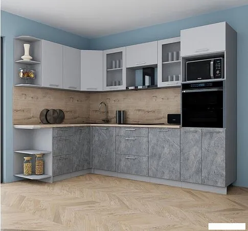 Готовая кухня Интерлиния Мила Gloss 1.68x2.8 левая (пепел софт/керамика/травертин серый)