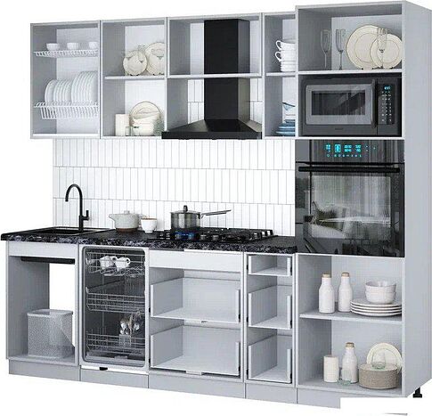 Готовая кухня Интерлиния Мила Gloss 2.45-ПМ3 (пепел/пепел/дуб бунратти)