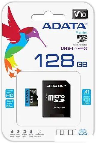 Карта памяти A-Data Premier AUSDX128GUICL10A1-RA1 microSDXC 128GB (с адаптером)
