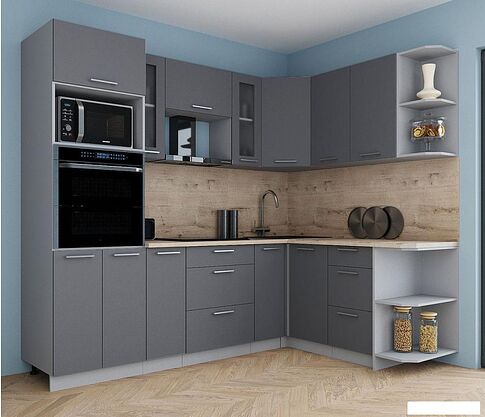 Готовая кухня Интерлиния Мила Gloss 1.68x2.4 правая (серый софт/серый софт/травертин серый)
