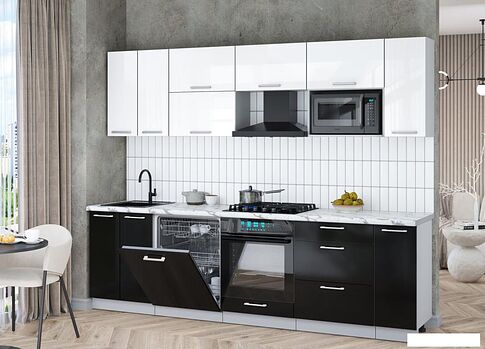 Готовая кухня Интерлиния Мила Gloss 2.7-ПМ2 (черный глянец/белый глянец/белый гранит)