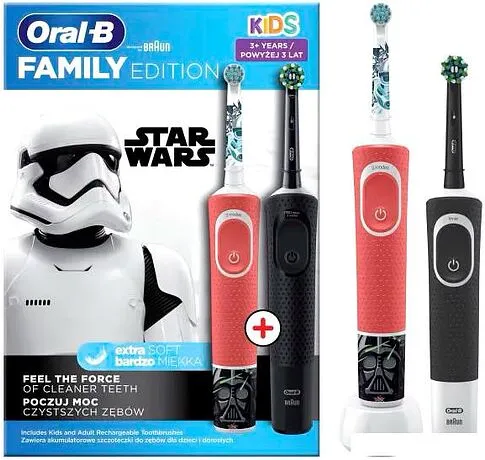 Комплект зубных щеток Oral-B Vitality Pro Cross Action + Vitality D100 Kids Star Wars (2 шт, черный/красный)