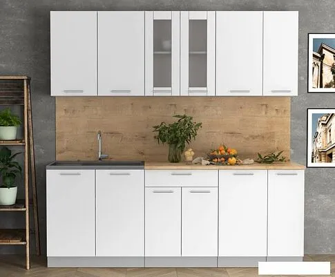 Готовая кухня Интерлиния Мила 21 (белый платинум/белый платинум глянец/дуб бунратти)