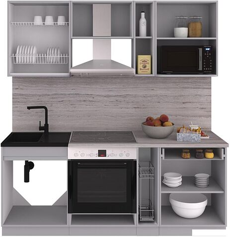 Готовая кухня Интерлиния Мила Gloss 2.0 (керамика/керамика/травертин серый)