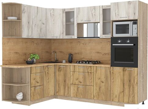 Готовая кухня Интерлиния Мила 1.68x2.6 левая (дуб белый-дуб золотой-дуб бунратти)