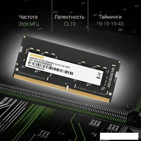 Оперативная память Digma 4ГБ DDR4 SODIMM 2666 МГц DGMAS42666004S