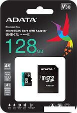 Карта памяти A-Data Premier Pro AUSDX128GUI3V30SA2-RA1 microSDXC 128GB (с адаптером) Карта памяти A-Data Premier Pro AUSDX128GUI3V30SA2-RA1 microSDXC 128GB (с адаптером)