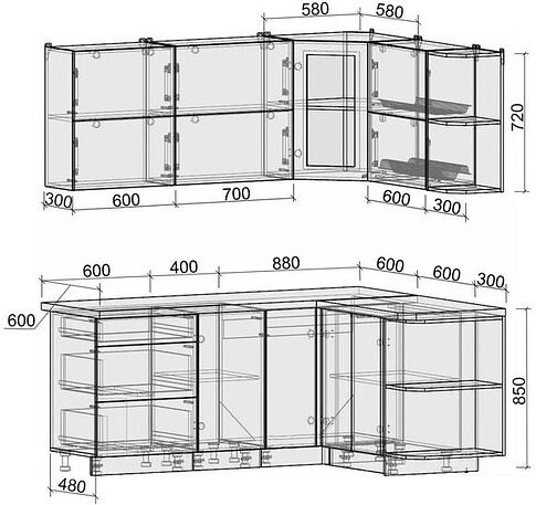 Готовая кухня Интерлиния Мила Матте 1.5x1.9 А правая (белый-белый-кастилло тёмный)