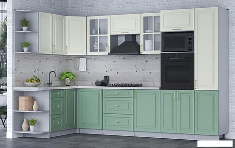 Готовая кухня Интерлиния Мила Шато 1.68x3.2 ВТ левая (белый/мята/бискайская сосна)